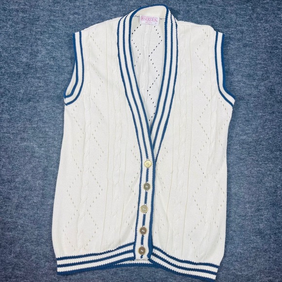 Pendleton Sweaters - Pendleton Sophisticates Women Small Petite Cotton Knit Vest Cream Navy Blue USA